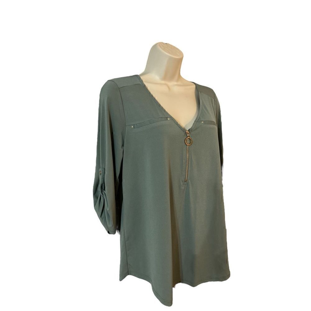 Women’s dressy casual sage green top quarter zip roll tab sleeves size small